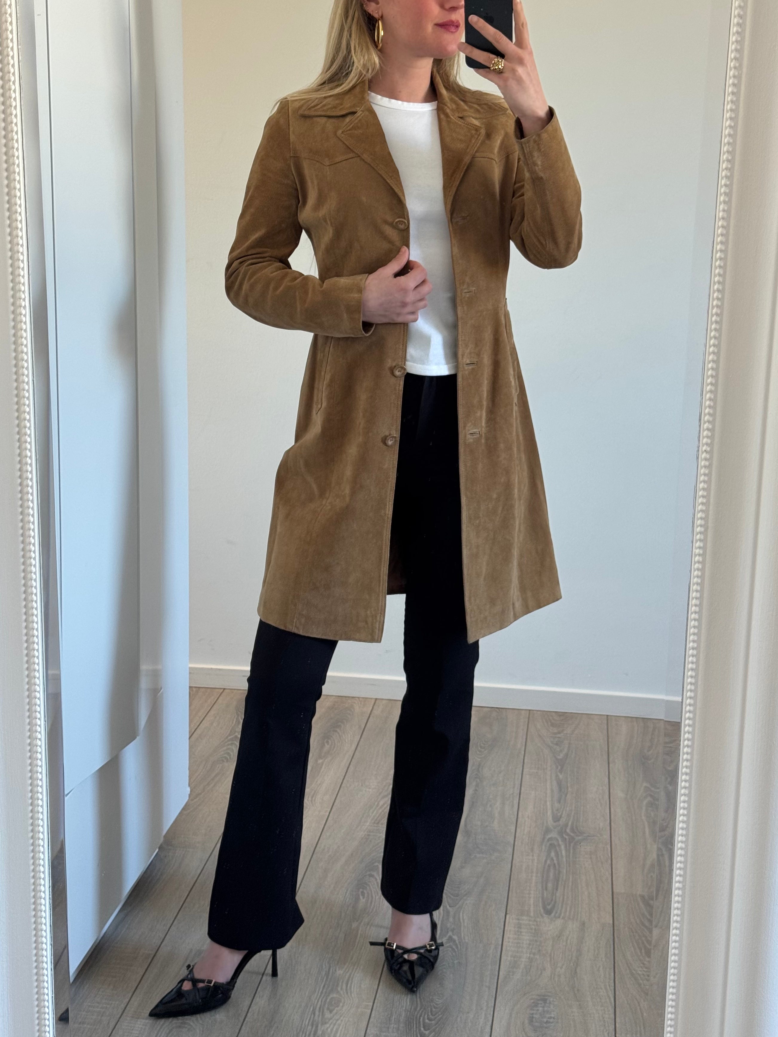 Beige Long Vintage Suede Trenchcoat