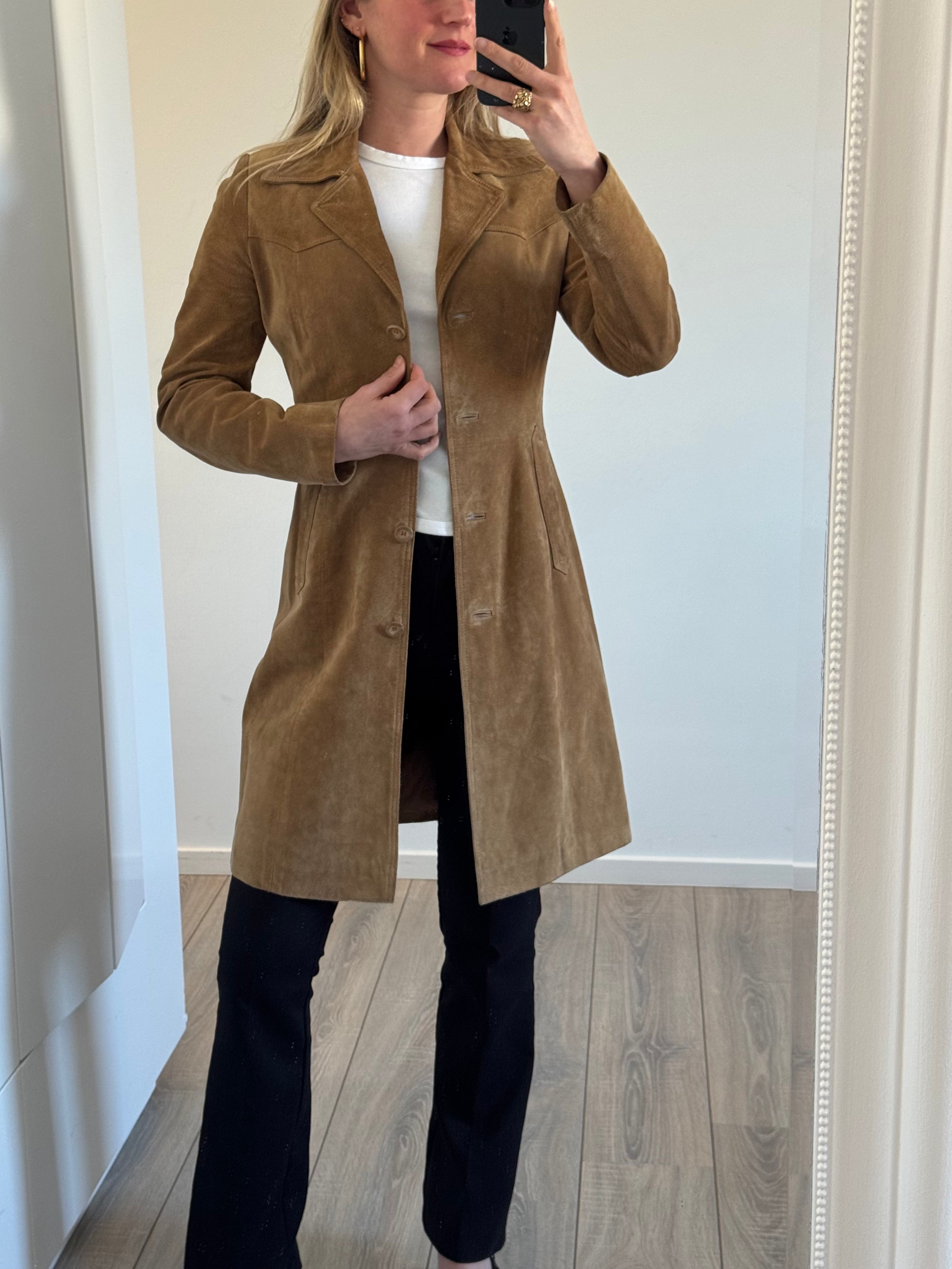Beige Long Vintage Suede Trenchcoat