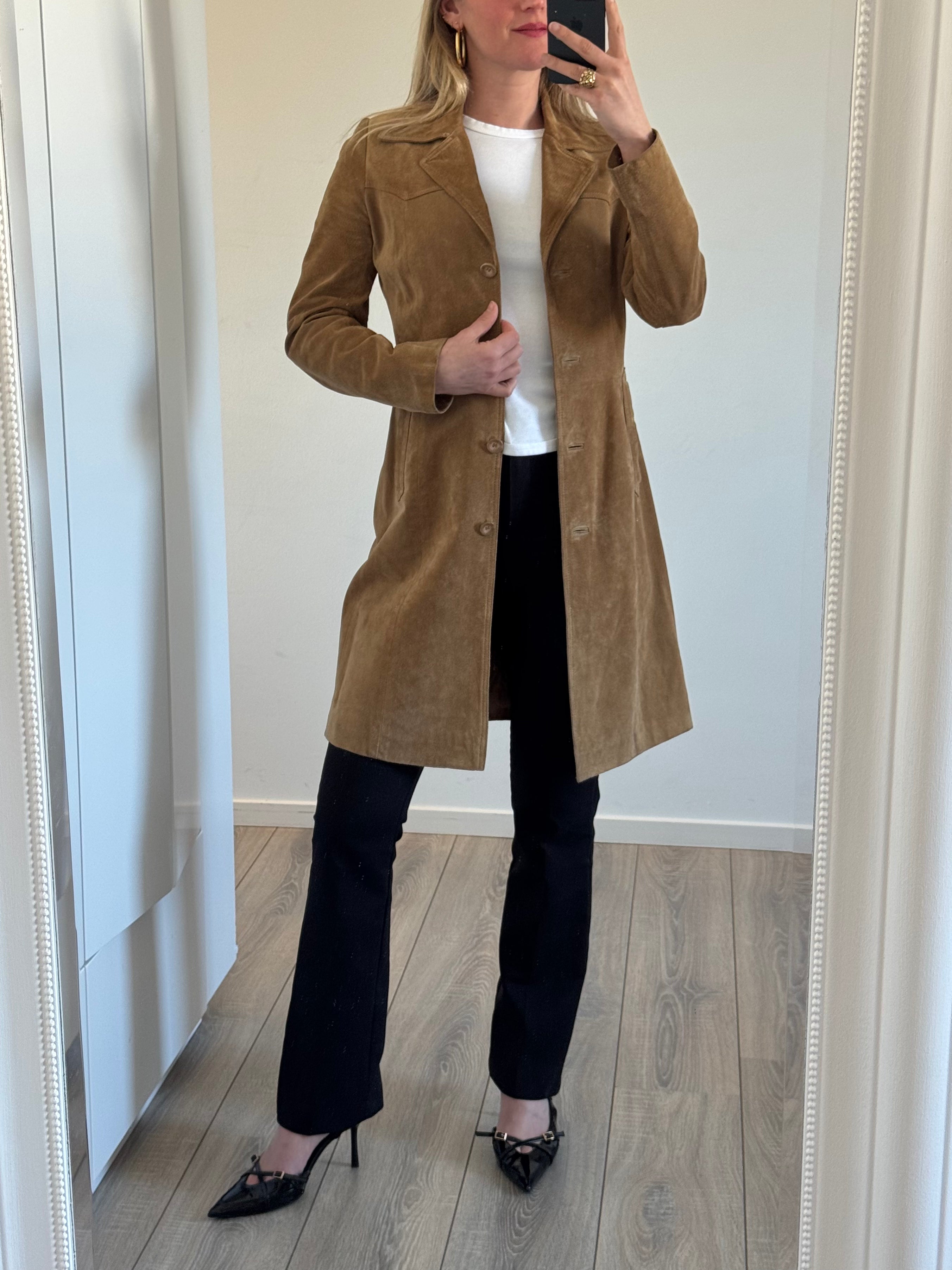Beige Long Vintage Suede Trenchcoat