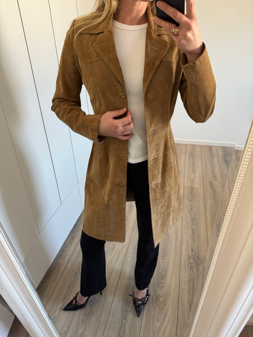 Beige Long Vintage Suede Trenchcoat