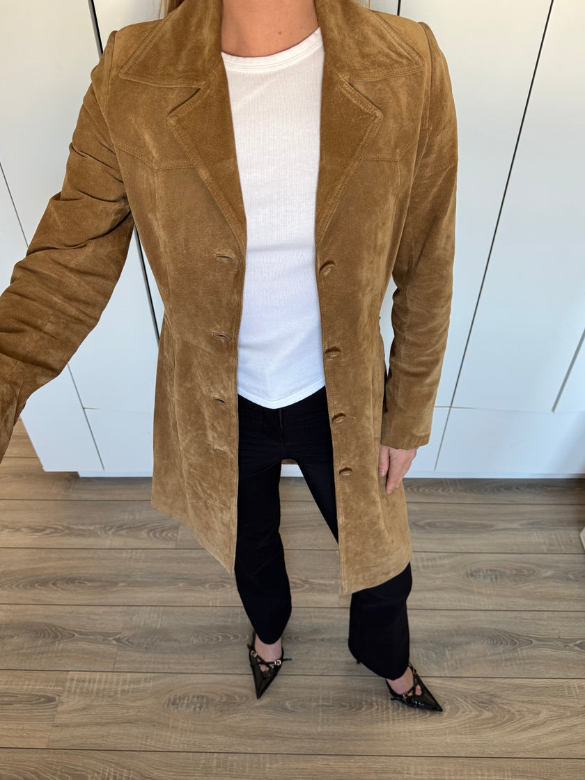 Beige Long Vintage Suede Trenchcoat