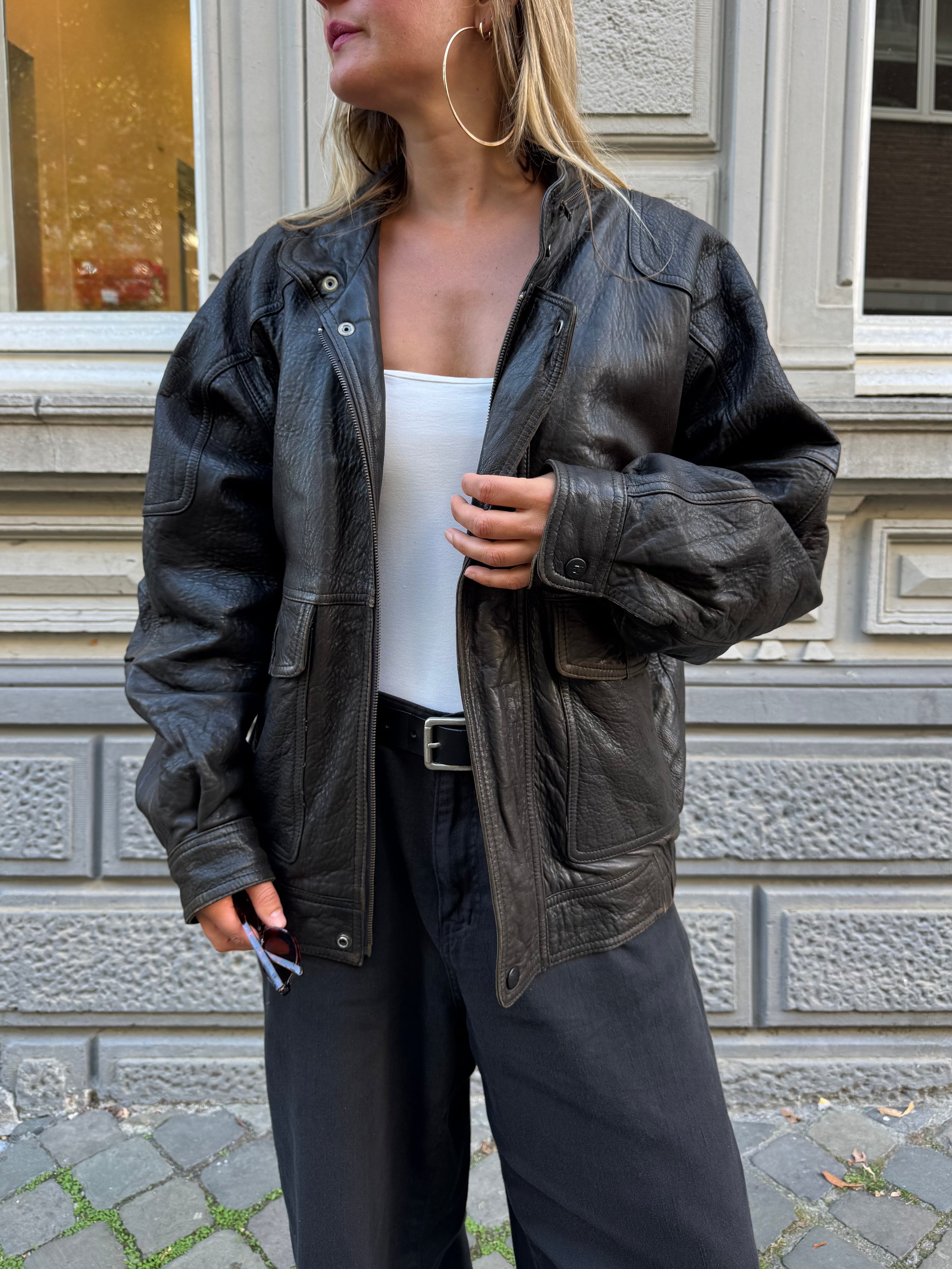 Dark Brown Leather Bomber Jacket