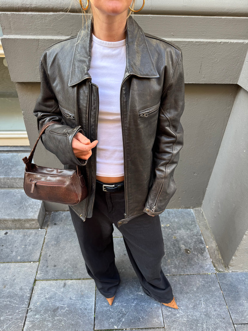 Black / Brown Distressed Oversized Leather Jacket