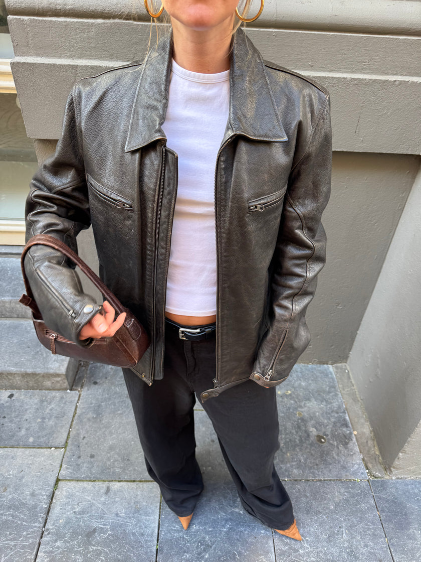 Black / Brown Distressed Oversized Leather Jacket
