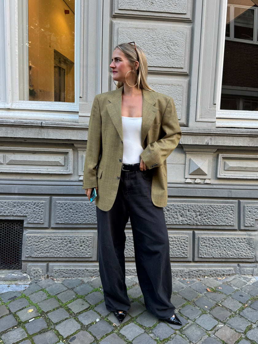 Dark Khaki Green Checked Oversized Blazer