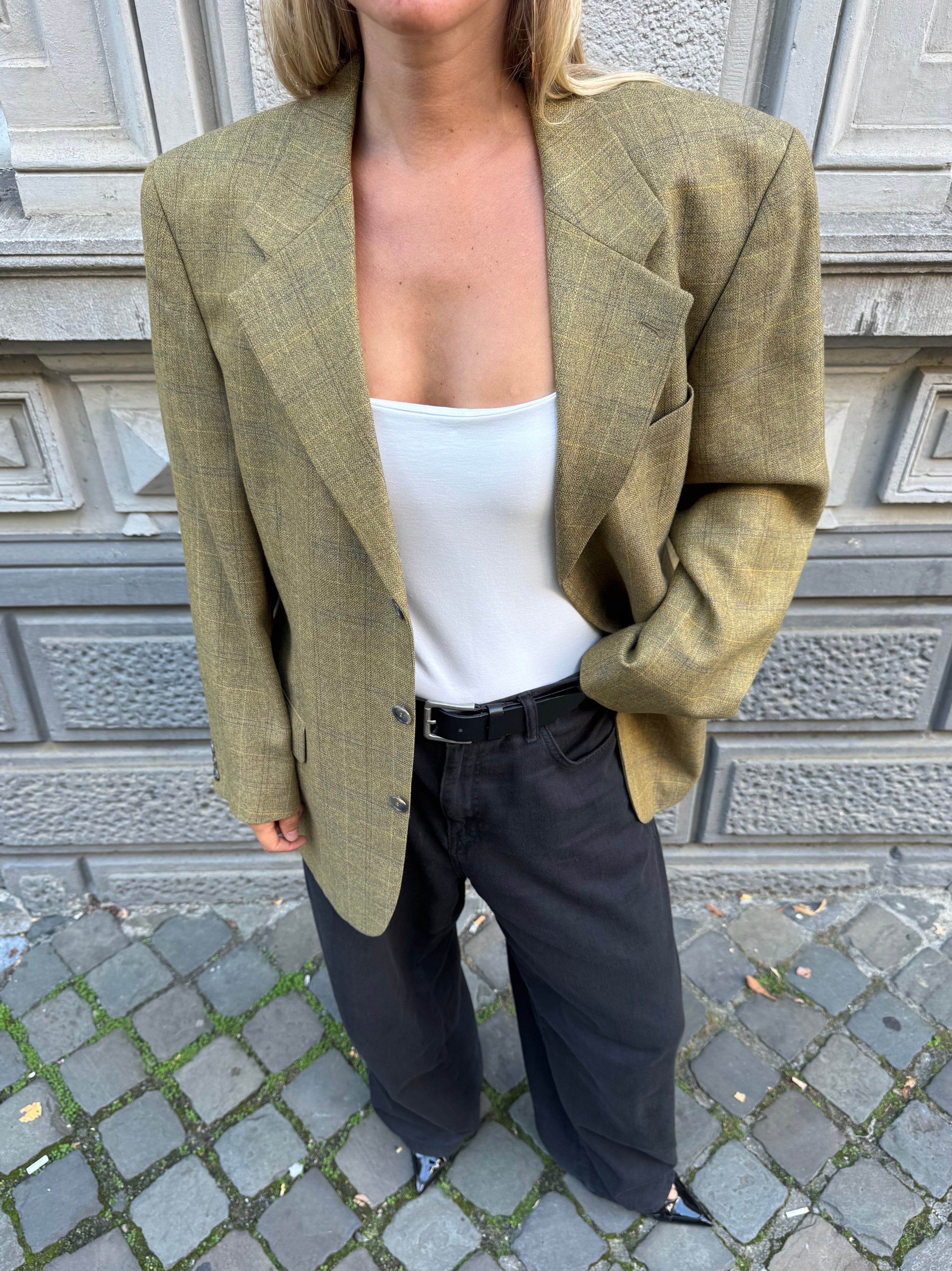 Dark Khaki Green Checked Oversized Blazer