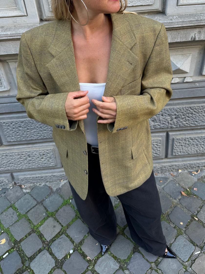 Dark Khaki Green Checked Oversized Blazer