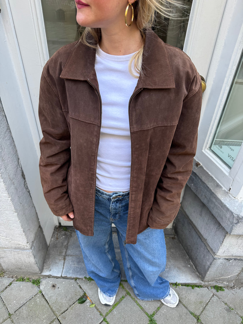 Oversized Brown Suede Vintage Bomber Jacket
