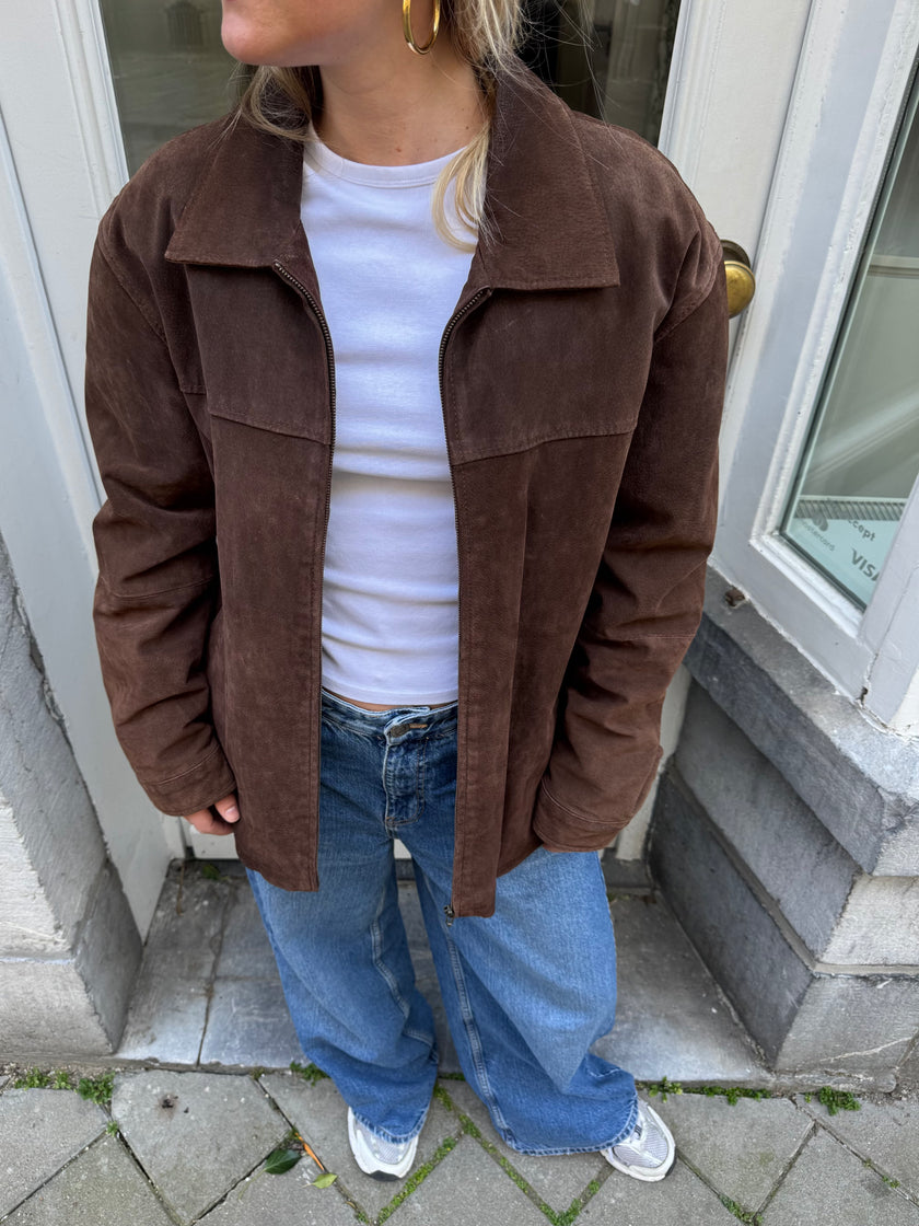Oversized Brown Suede Vintage Bomber Jacket