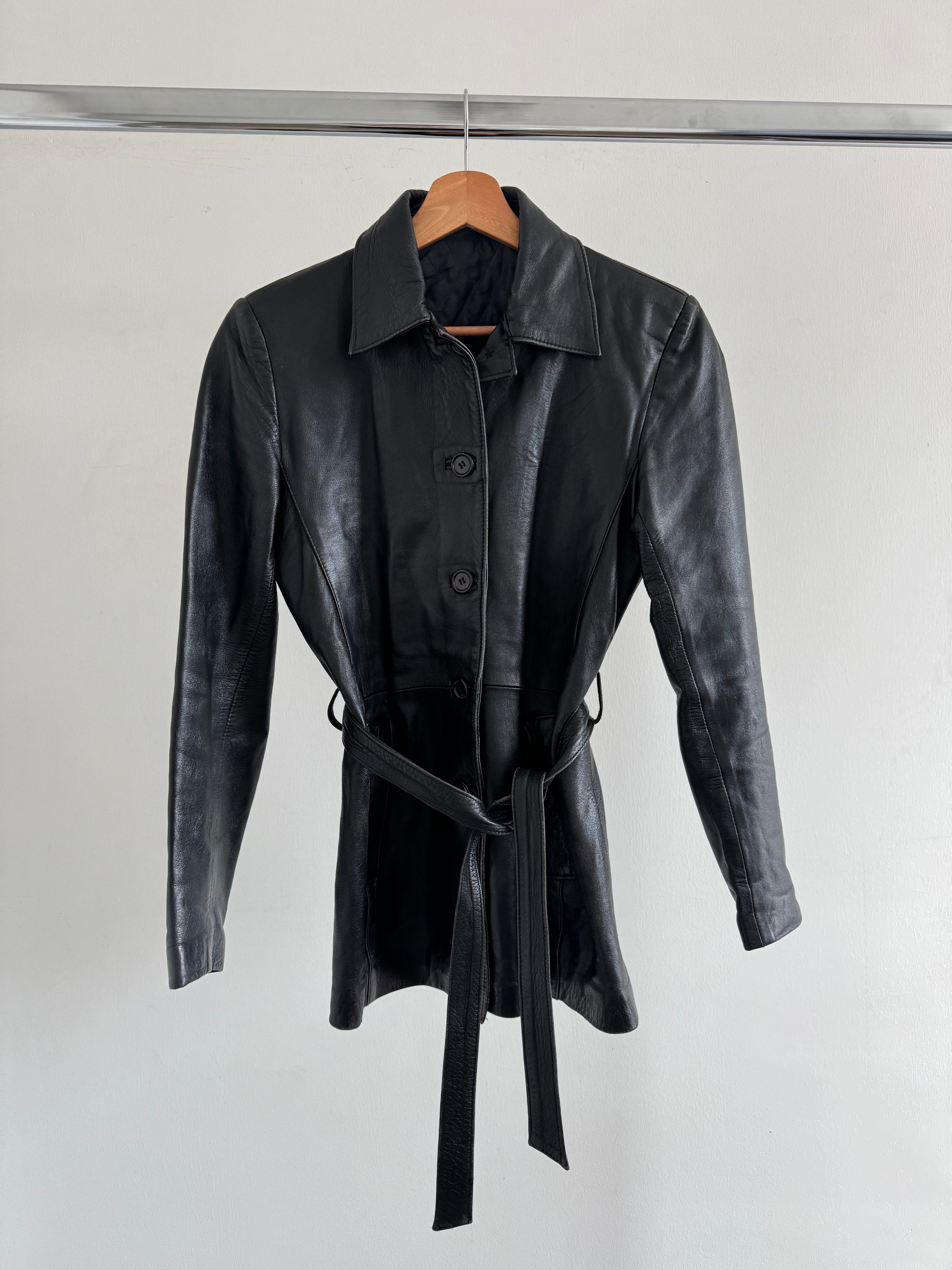 Fitted Black Leather Vintage Jacket with Belt