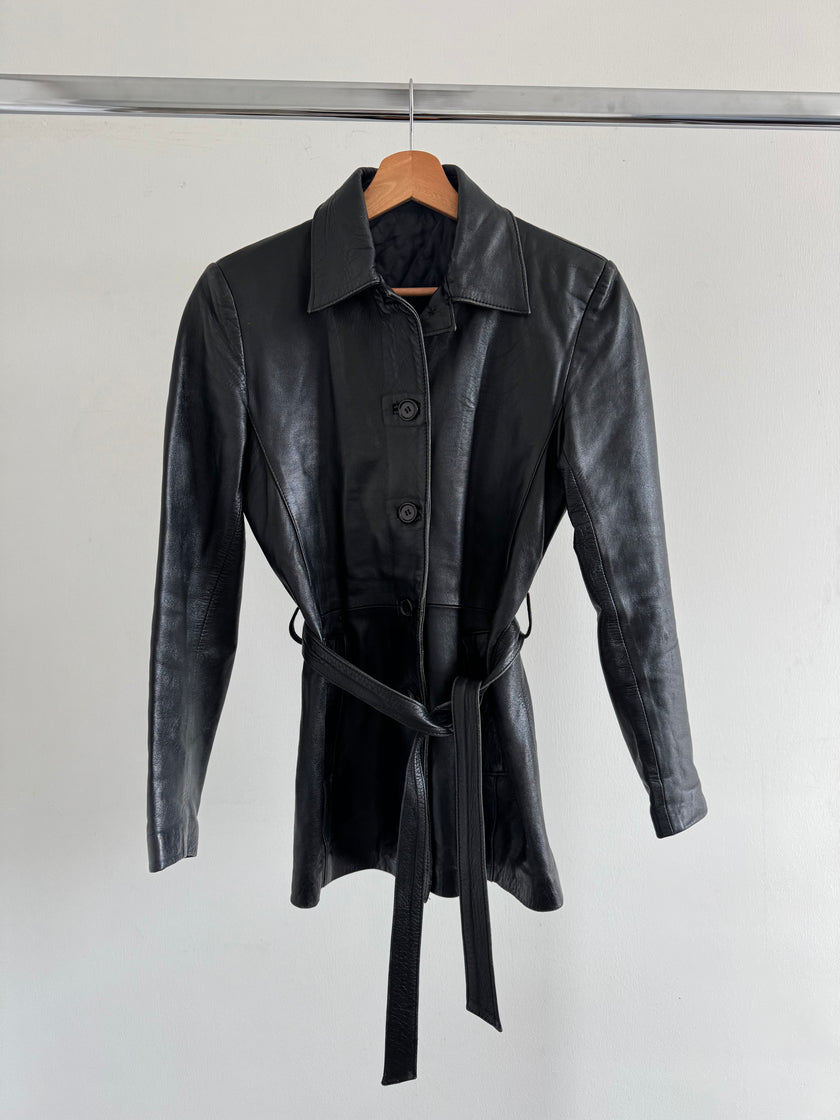 Fitted Black Leather Vintage Jacket with Belt