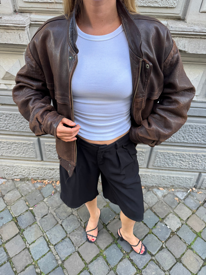 90s Dark Brown Vintage Leather Bomber Jacket