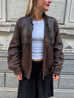 90s Dark Brown Vintage Leather Bomber Jacket