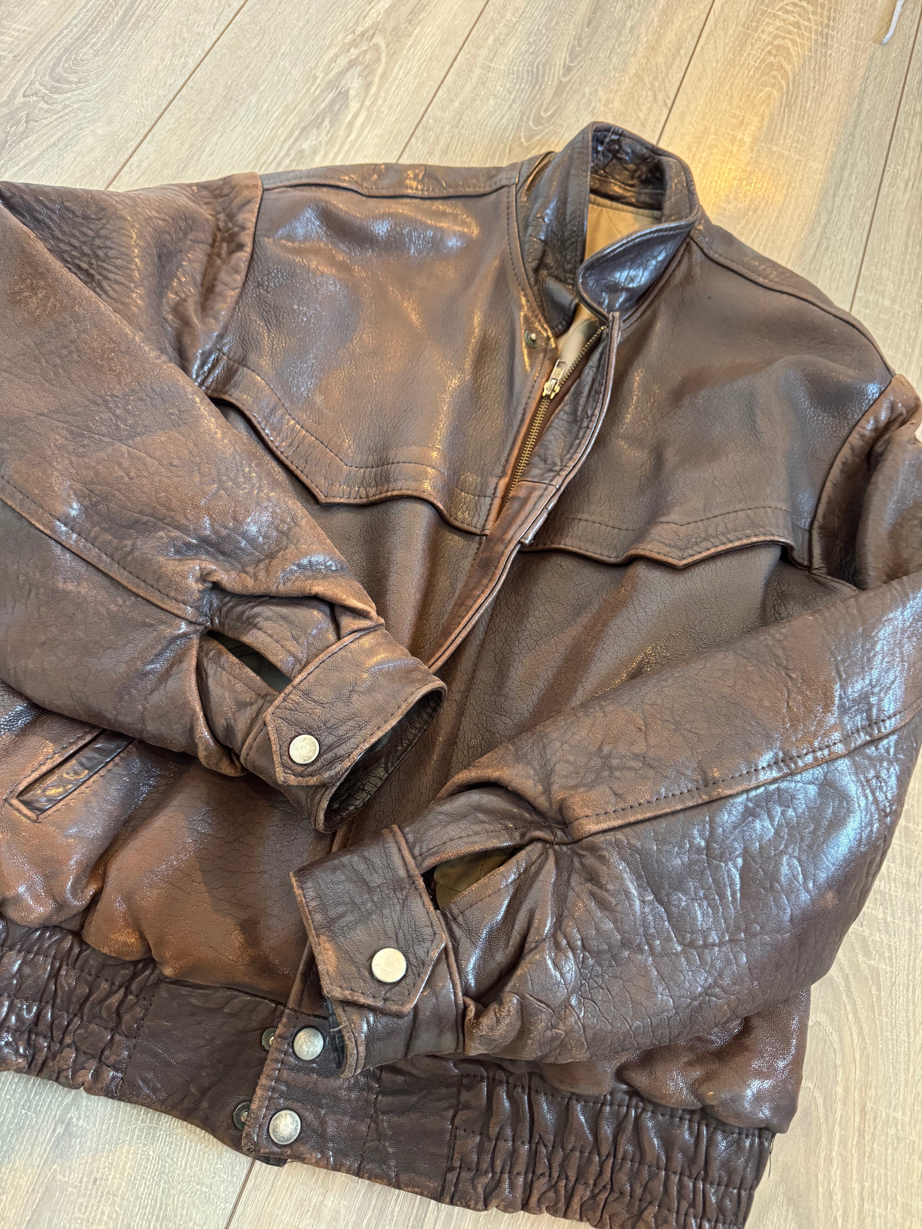 90s Dark Brown Vintage Leather Bomber Jacket