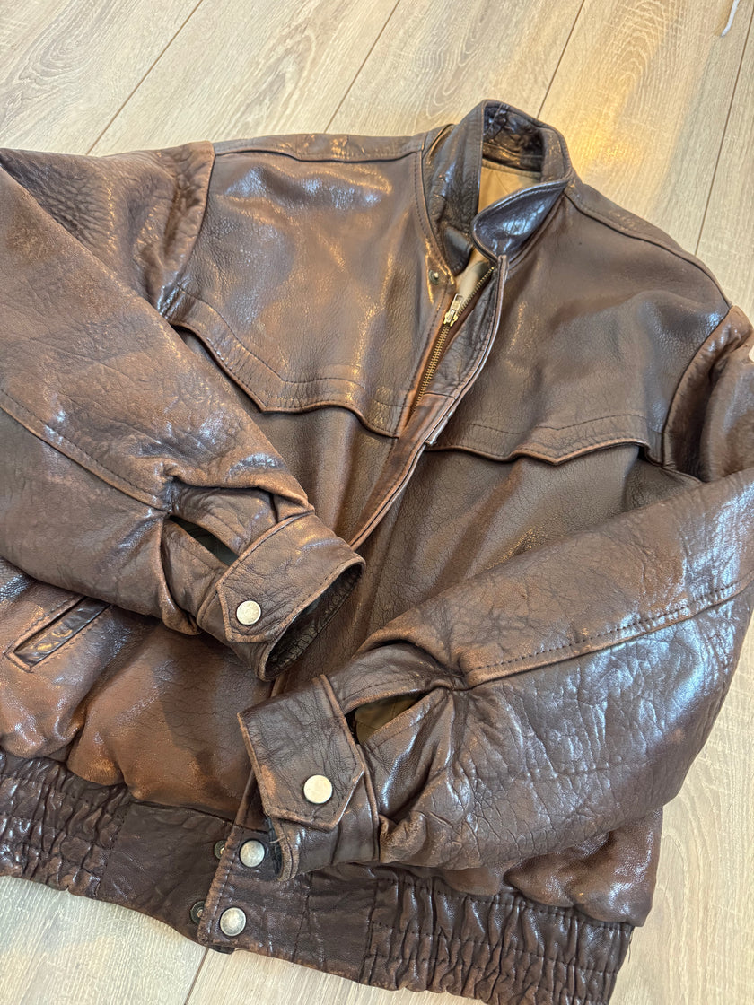 90s Dark Brown Vintage Leather Bomber Jacket