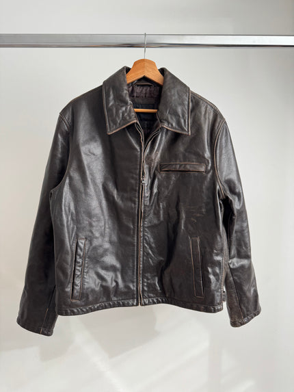 Dark Brown Faded Worn Leather Jacket - Oversized