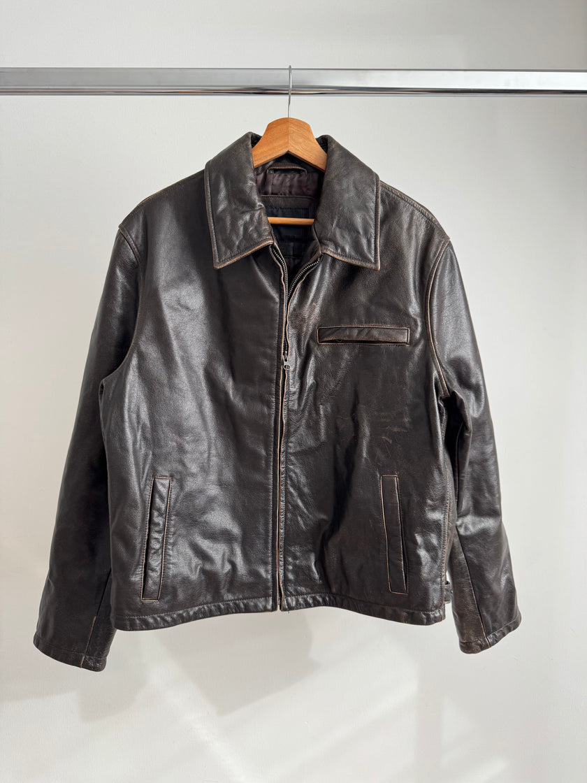 Dark Brown Faded Worn Leather Jacket - Oversized