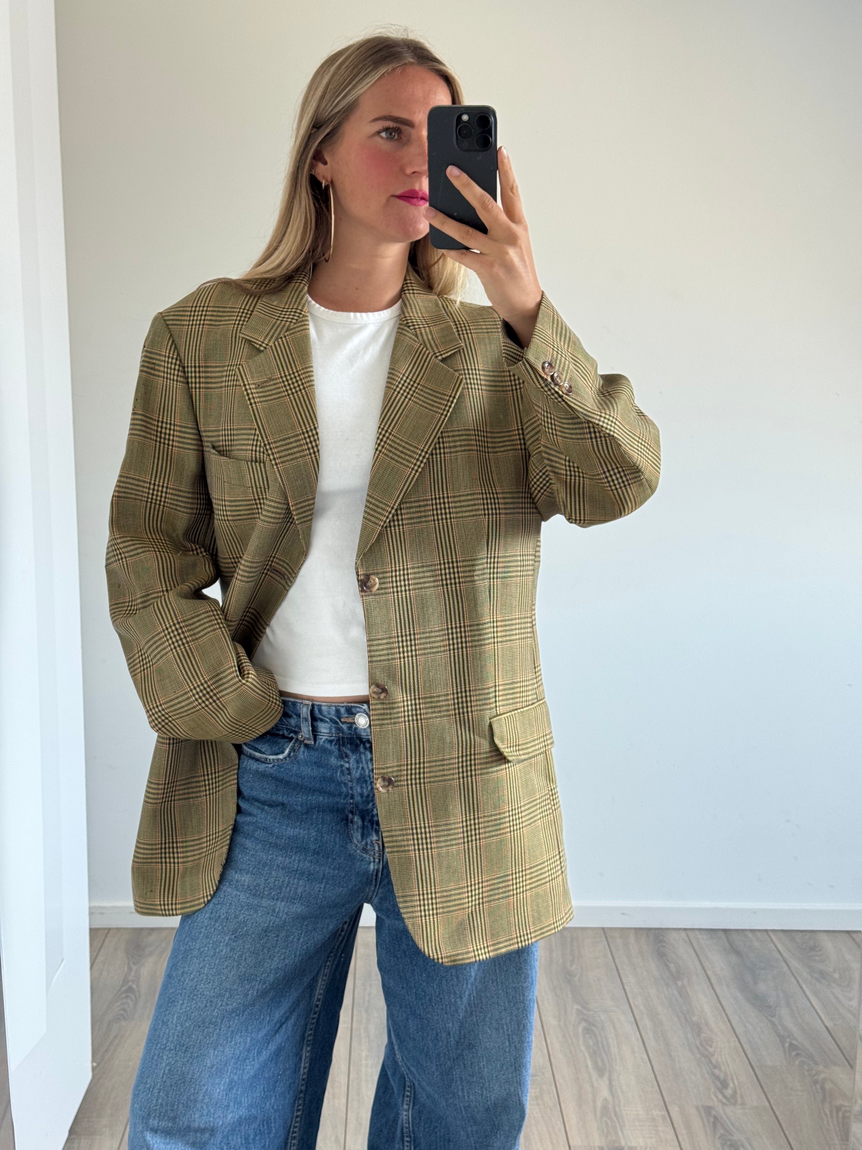 Khaki Beige Checked Vintage Blazer