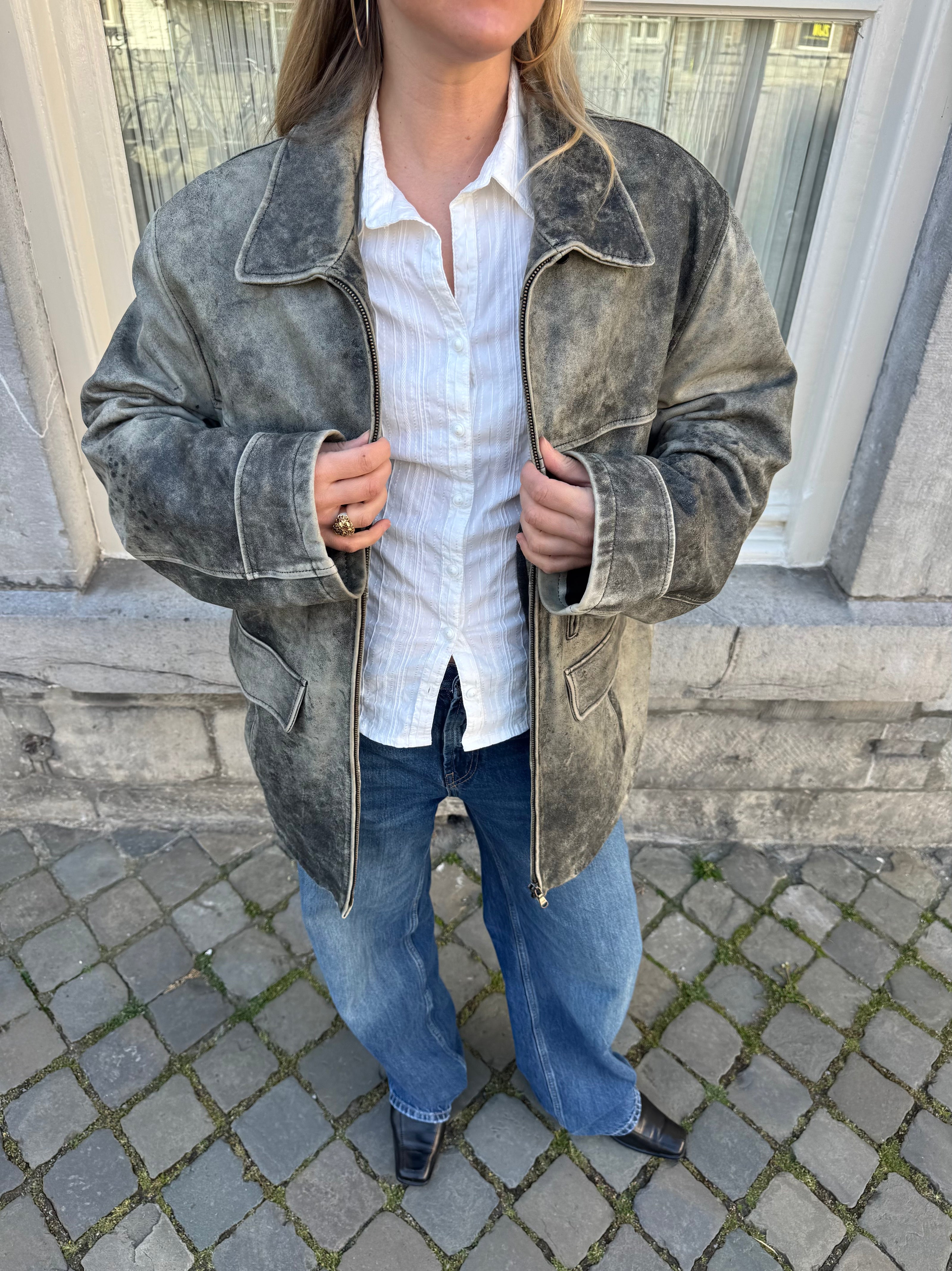 Super Oversized Distressed Grey Leather Vintage Jacket