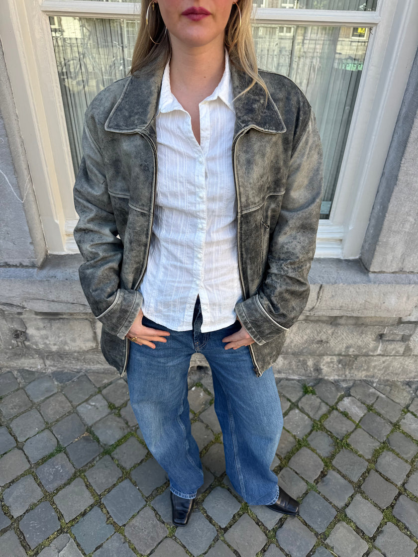 Super Oversized Distressed Grey Leather Vintage Jacket