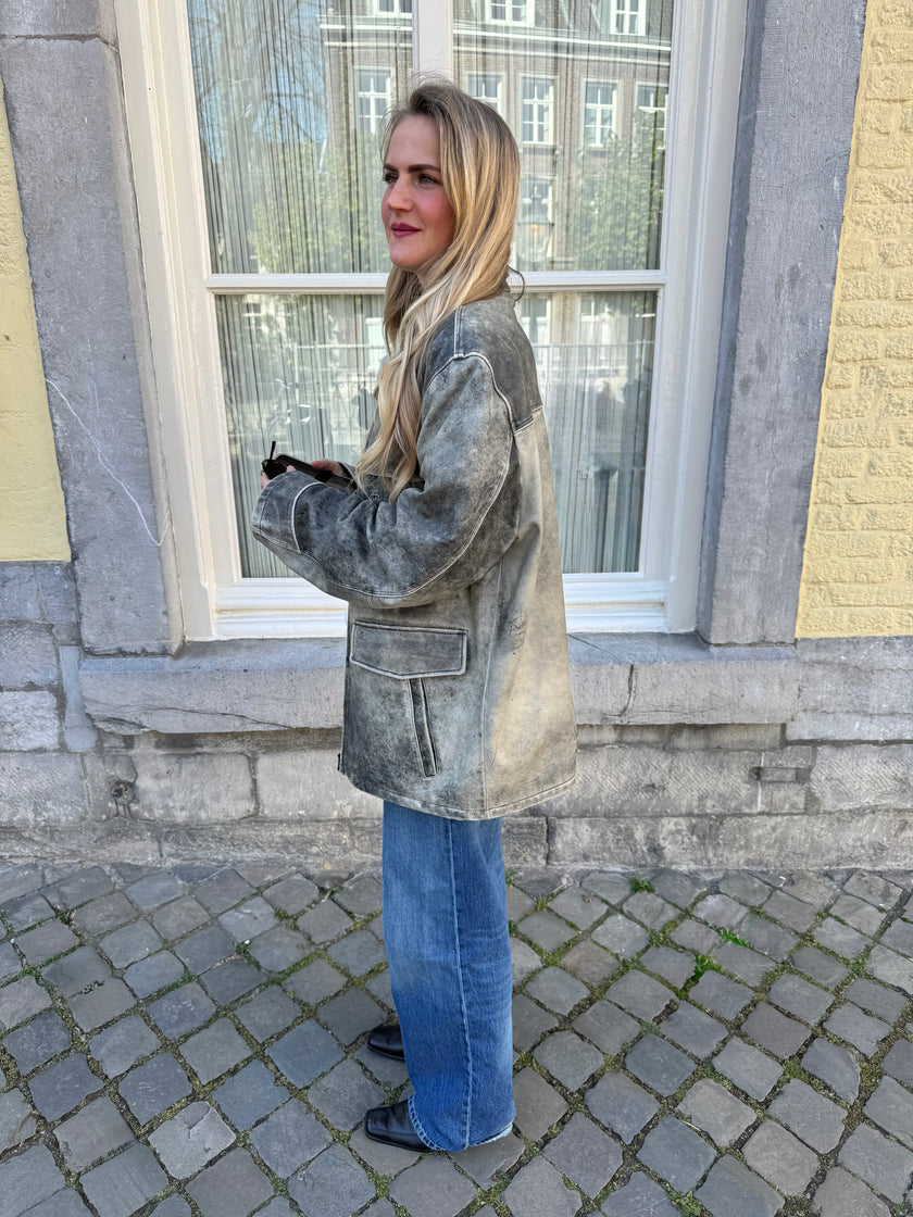 Super Oversized Distressed Grey Leather Vintage Jacket