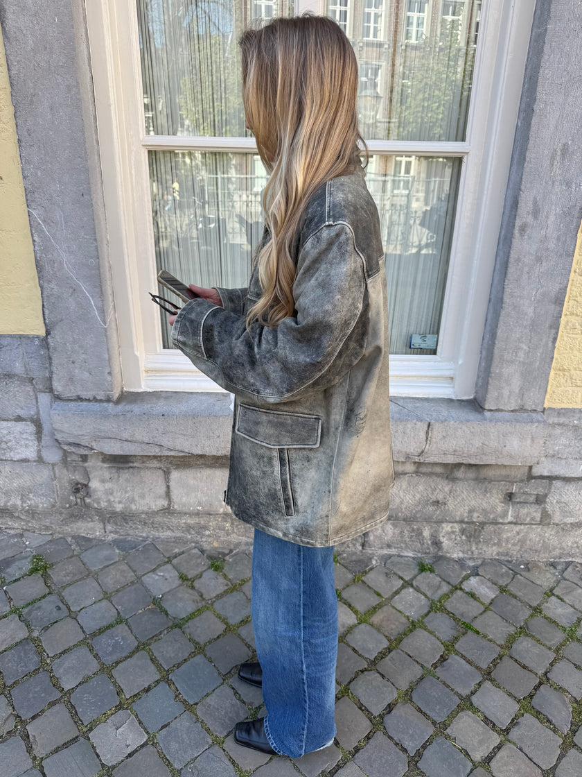 Super Oversized Distressed Grey Leather Vintage Jacket