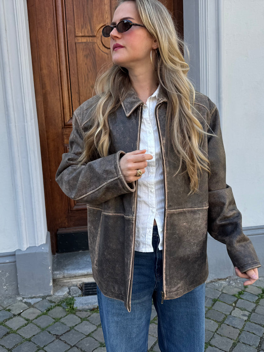 Trending Brown Faded Oversized Leather Jacket