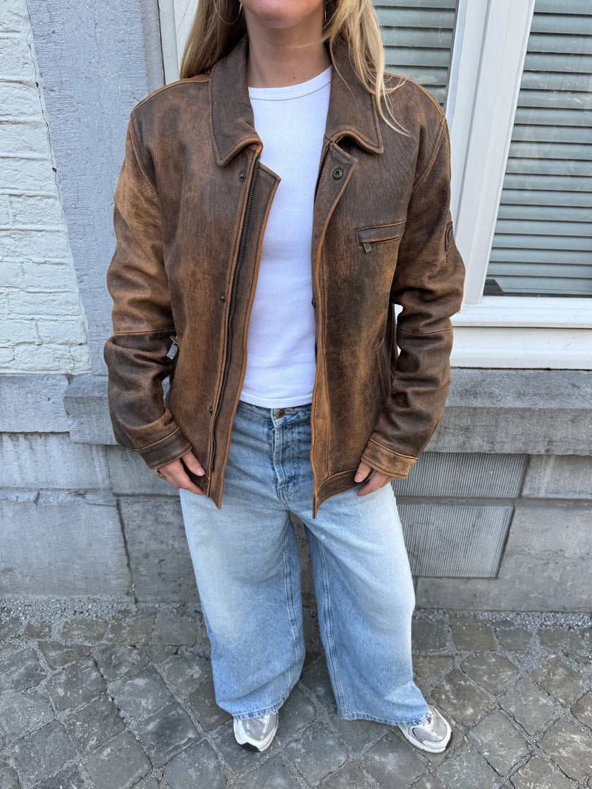 Oversized & Distressed Rusty Brown Leather Jacket