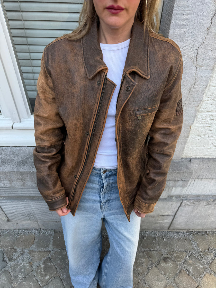 Oversized & Distressed Rusty Brown Leather Jacket