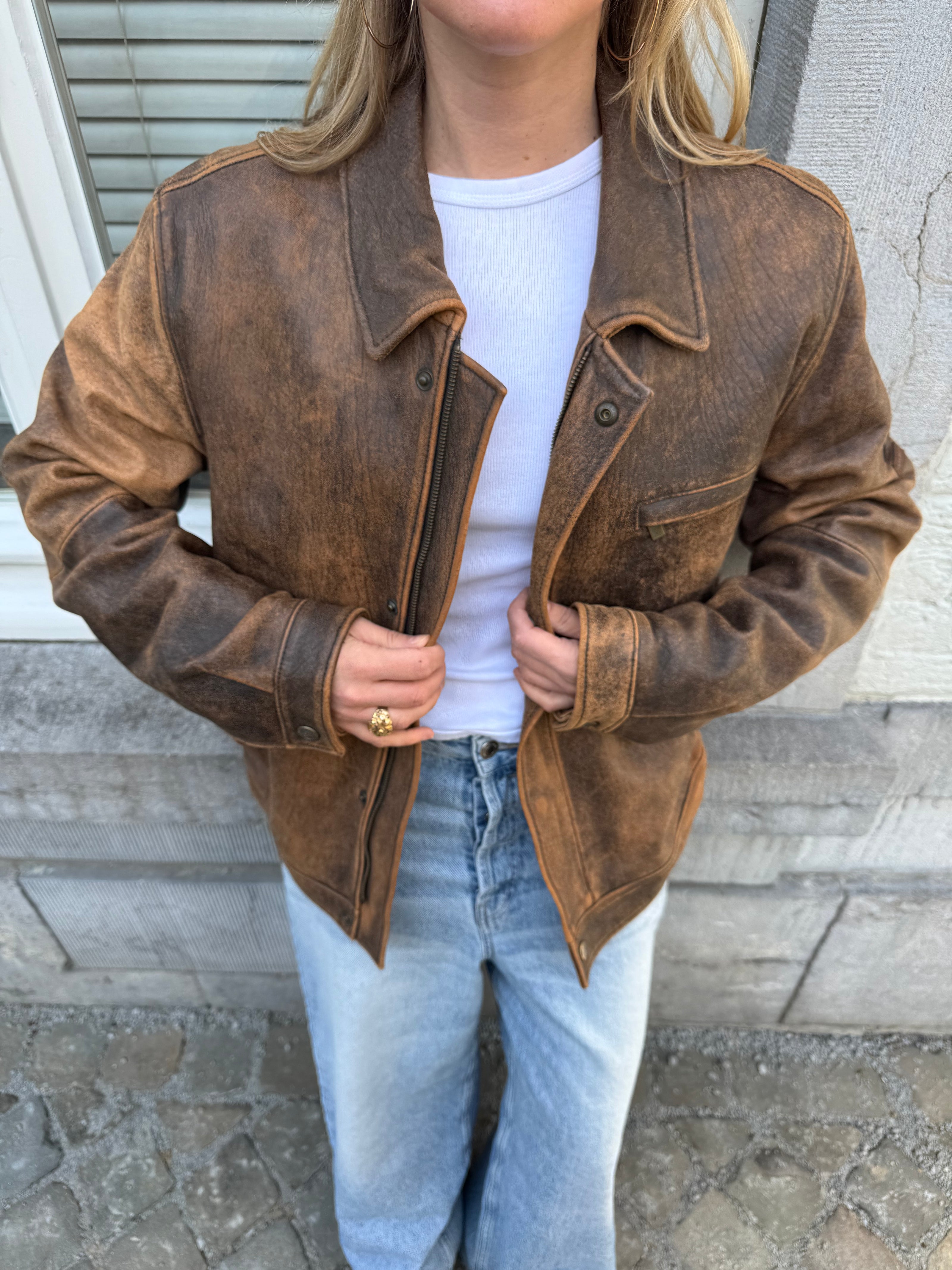 Oversized & Distressed Rusty Brown Leather Jacket