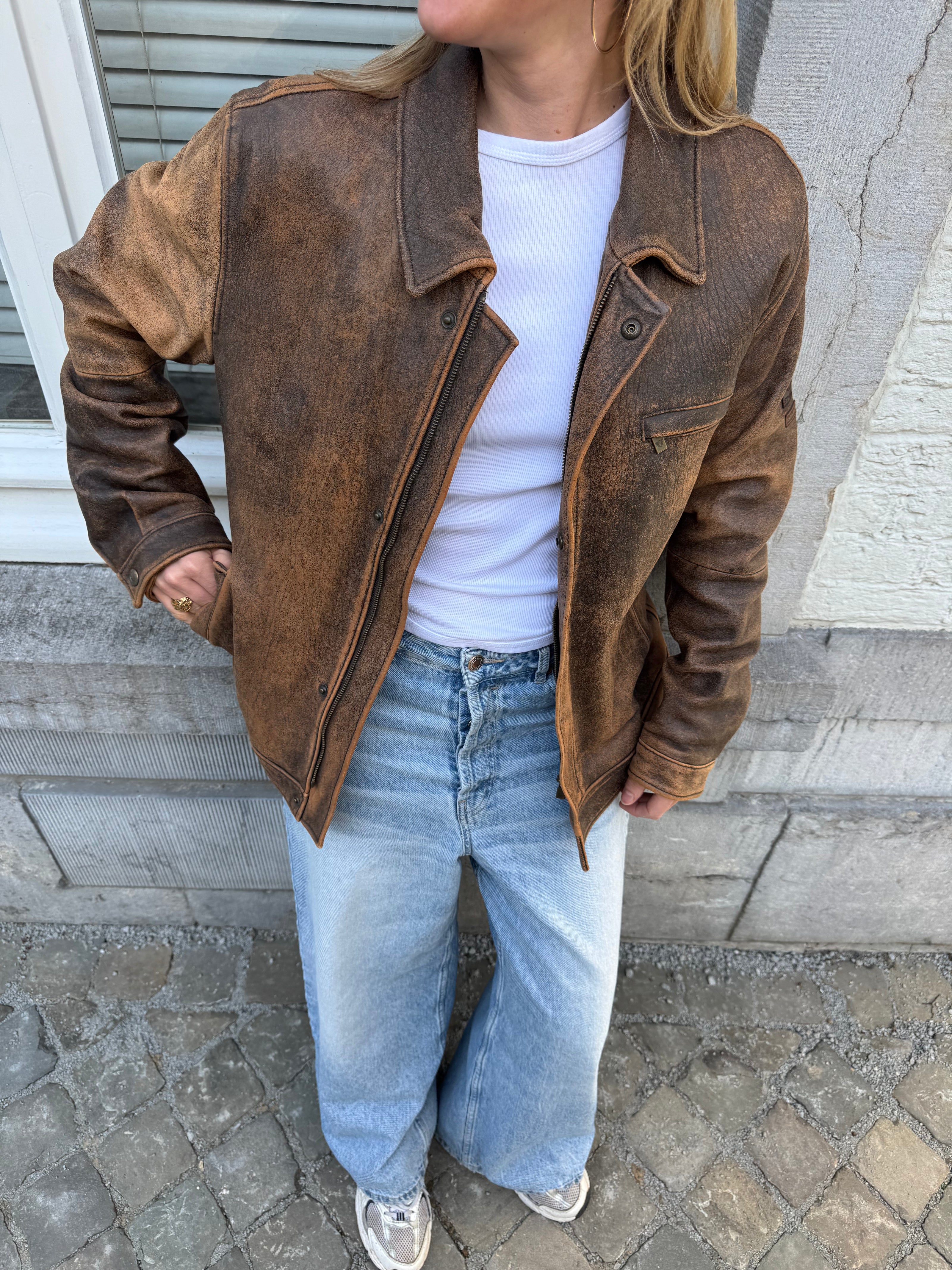 Oversized & Distressed Rusty Brown Leather Jacket