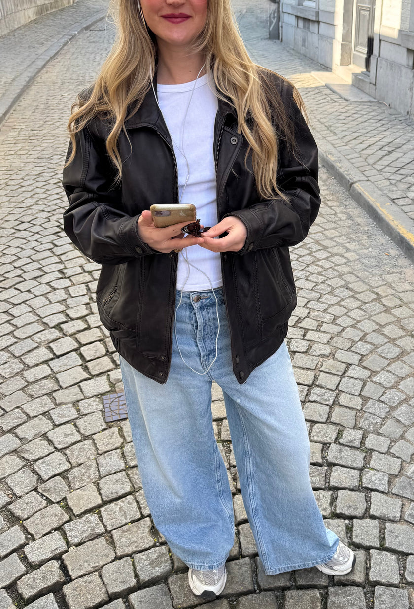 Oversized Brown Leather 90s Bomber Jacket