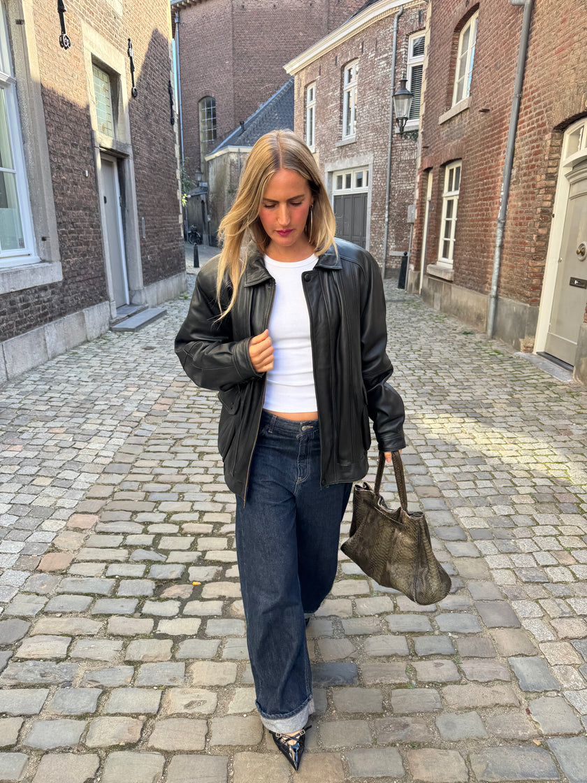 90s Black Leather Bomberjacket