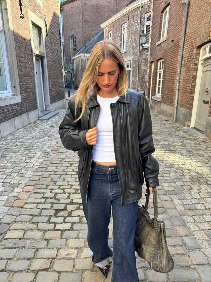 90s Black Leather Bomberjacket
