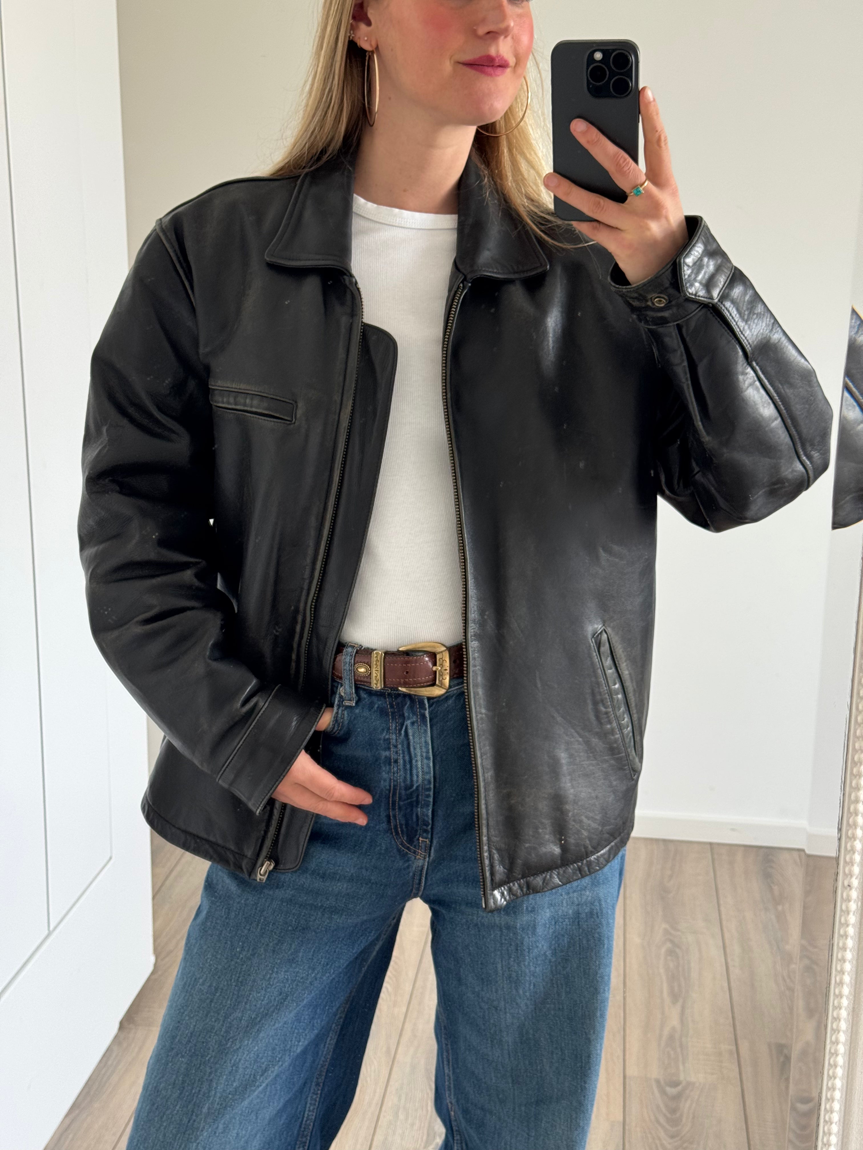 Black Leather Oversized Vintage Bomber