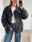 Black Leather Oversized Vintage Bomber Jacket