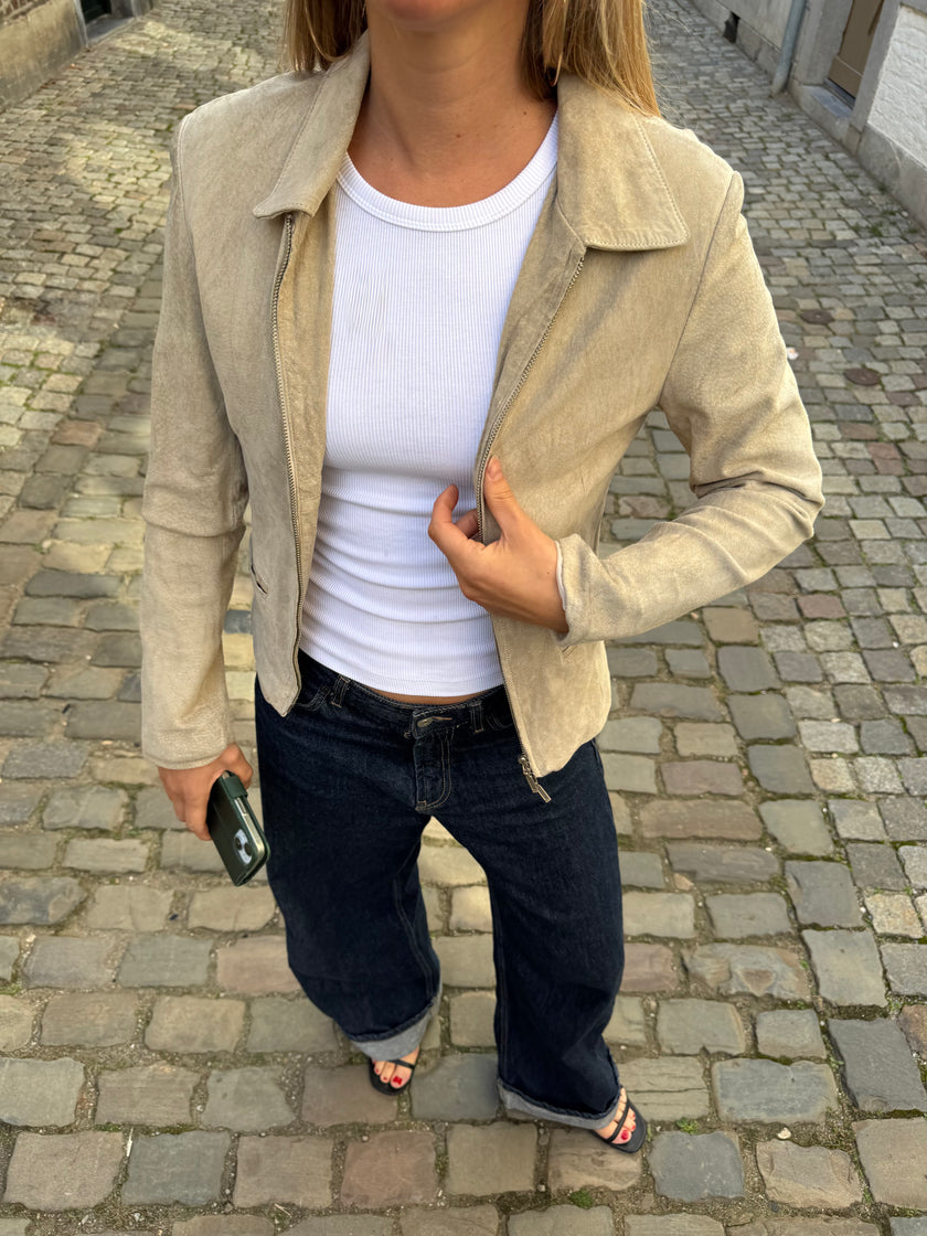 Light Beige Short Suede Vintage Jacket
