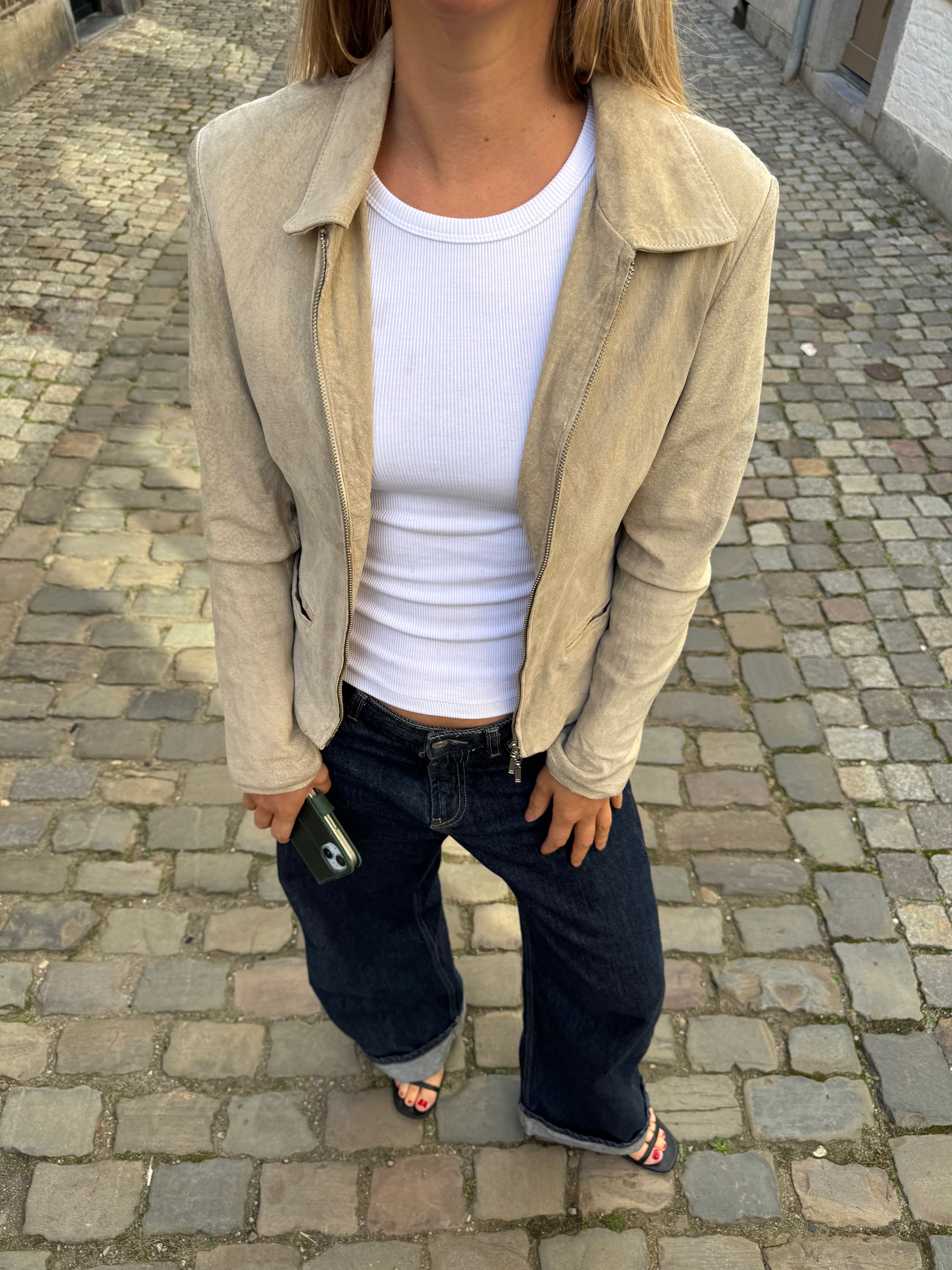 Light Beige Short Suede Vintage Jacket