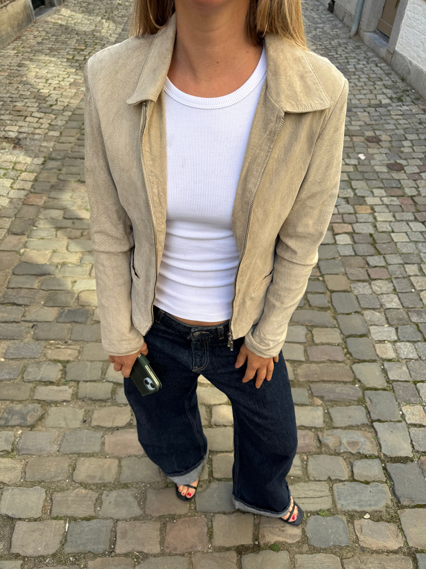Light Beige Short Suede Vintage Jacket