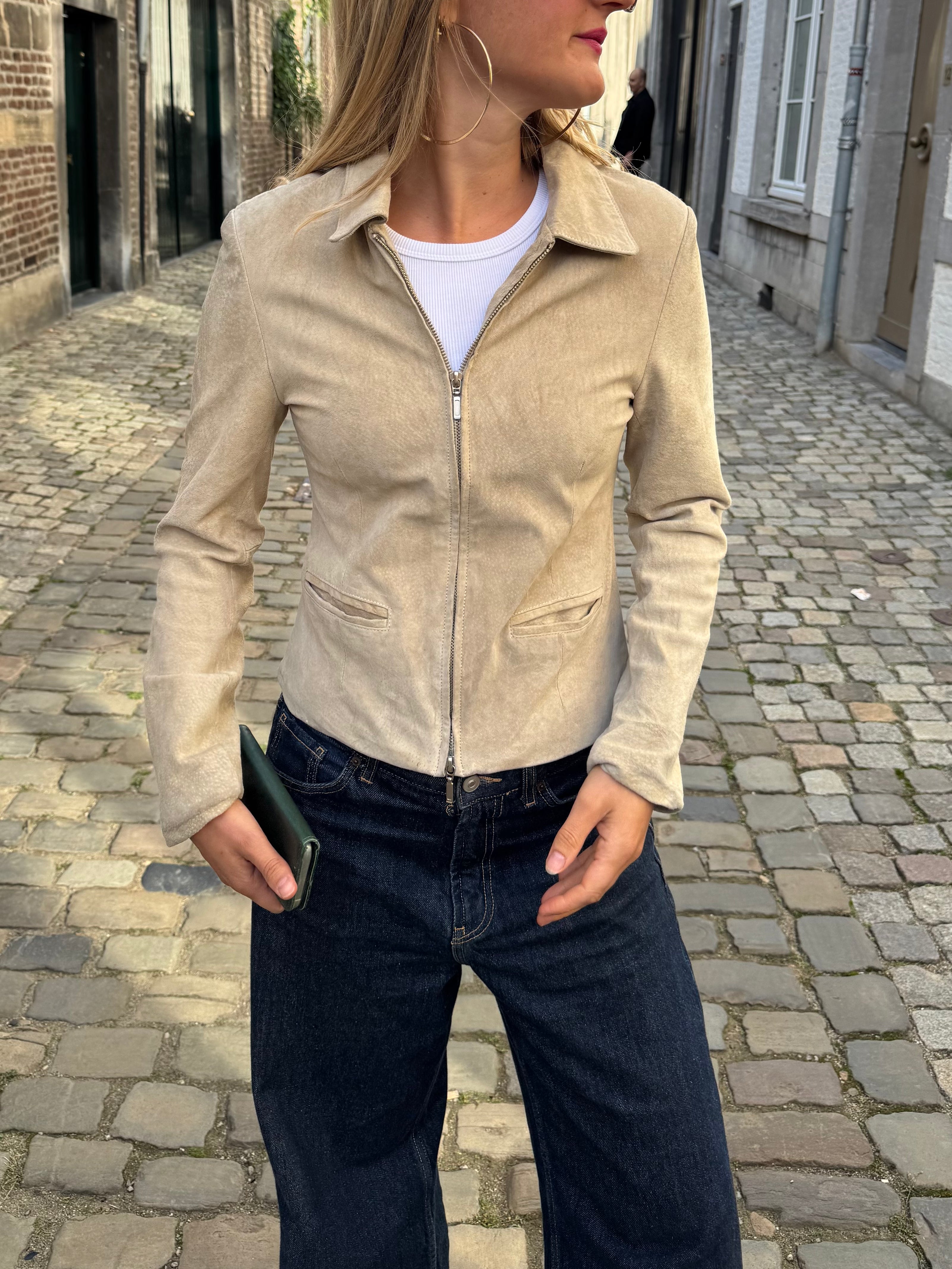 Light Beige Short Suede Vintage Jacket