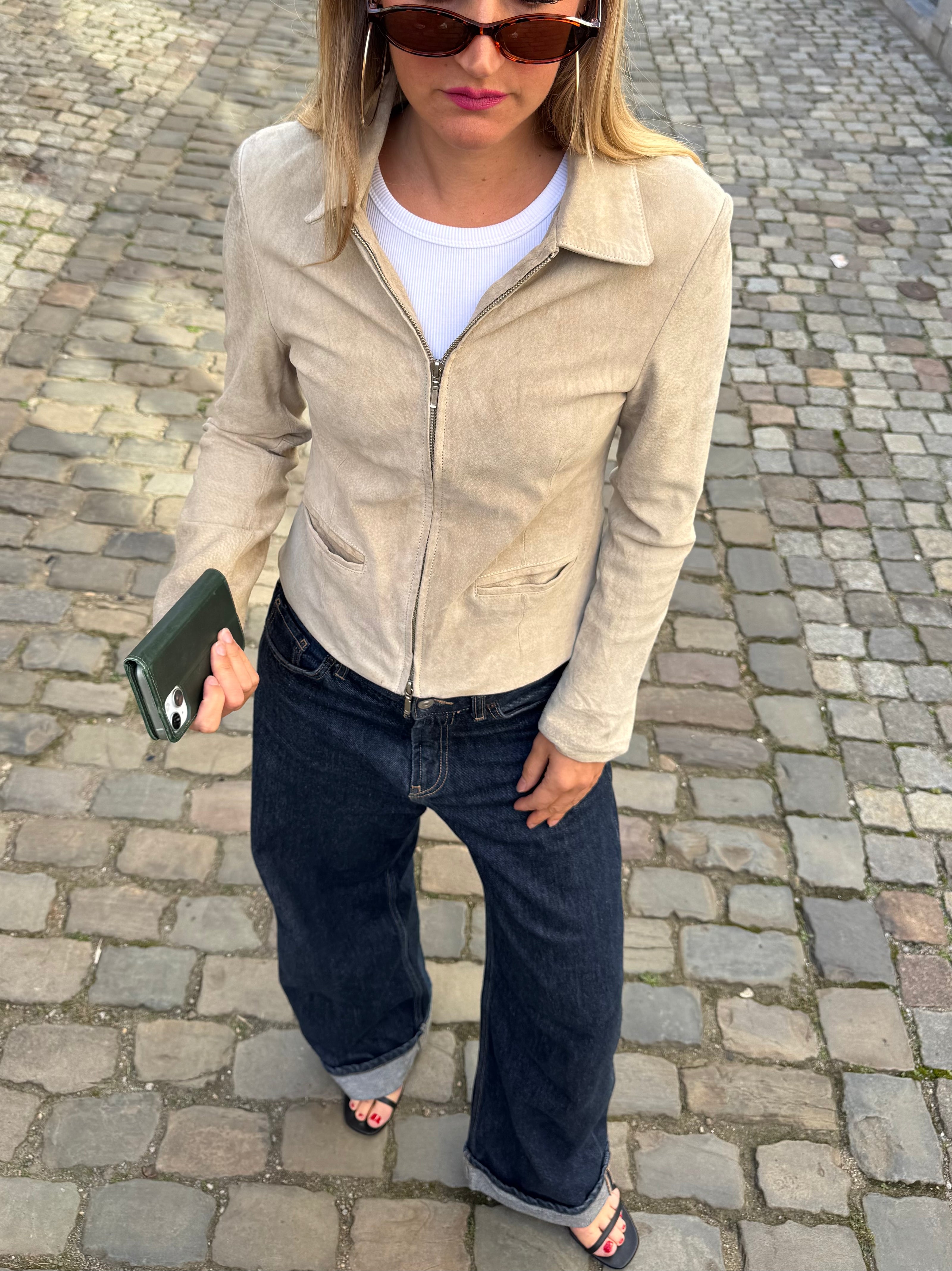 Light Beige Short Suede Vintage Jacket
