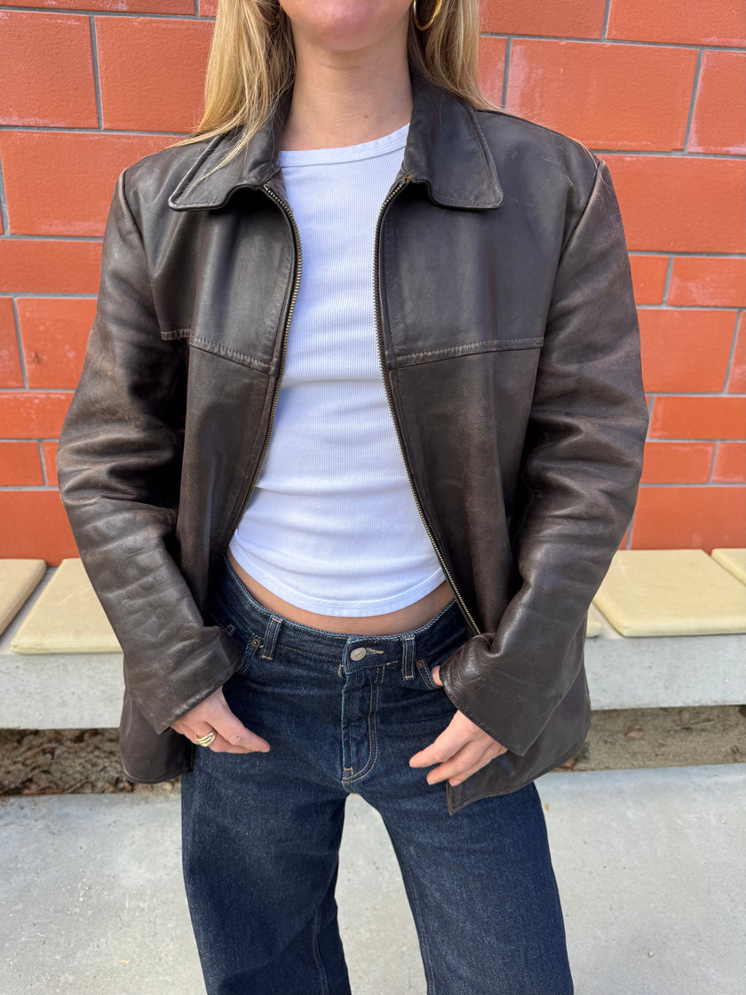 Oversized Brown Leather Vintage Jacket
