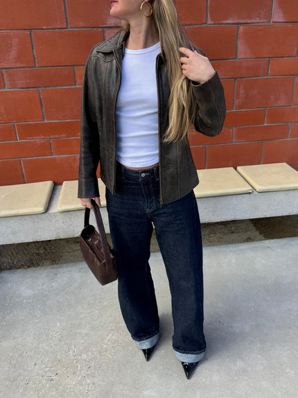 Distressed Brown Leather Fitted Jacket