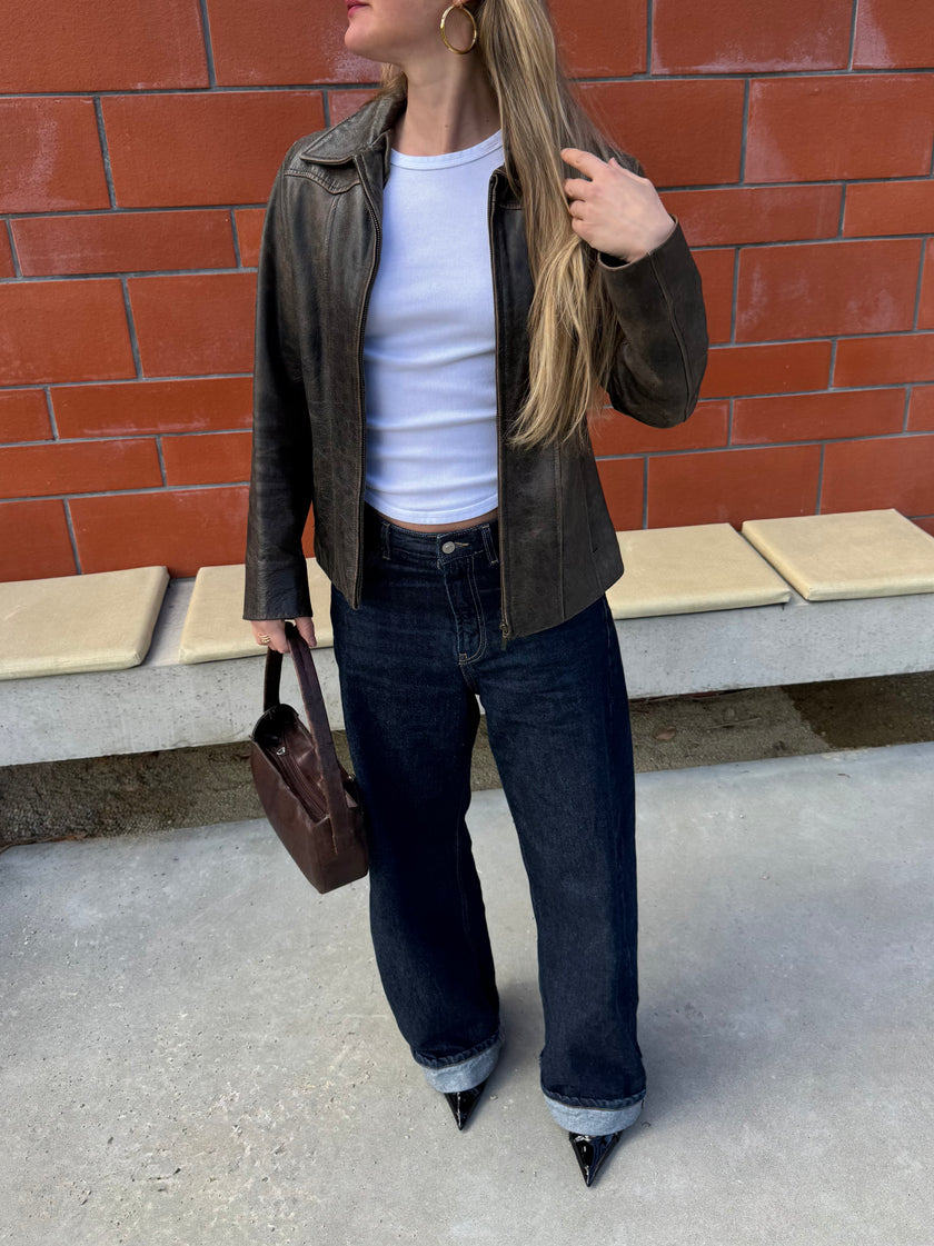 Distressed Brown Leather Fitted Jacket
