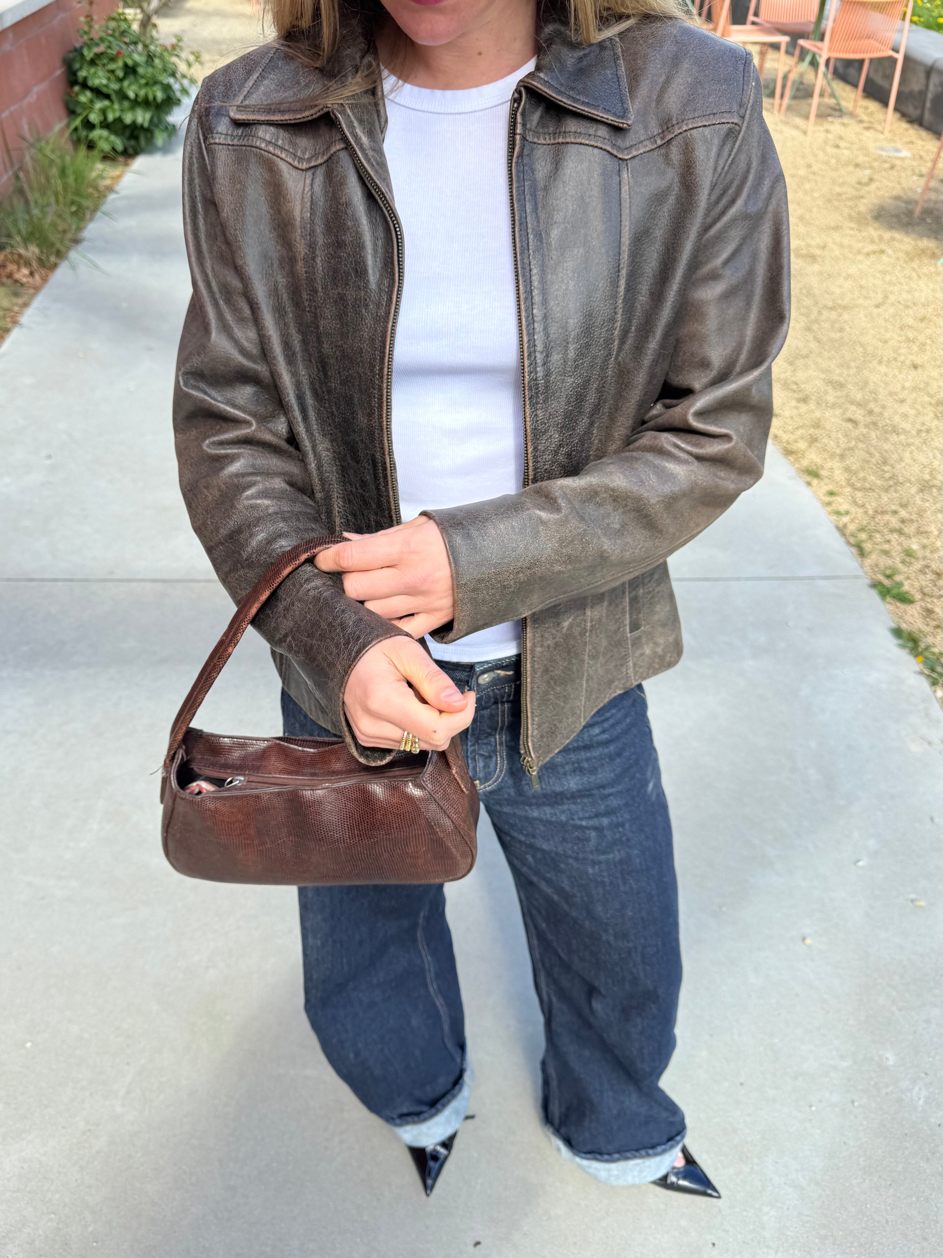 Distressed Brown Leather Fitted Jacket