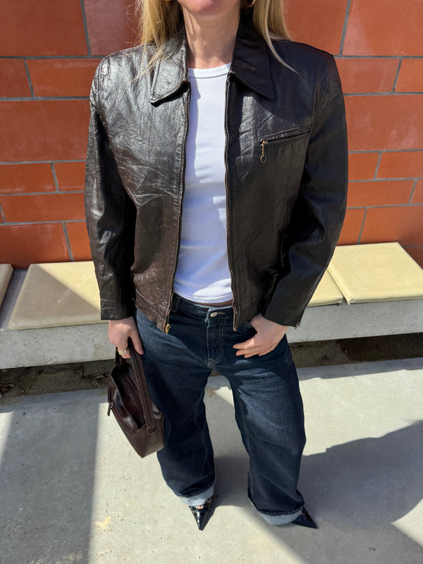 Brown Leather Shiny Vintage Jacket