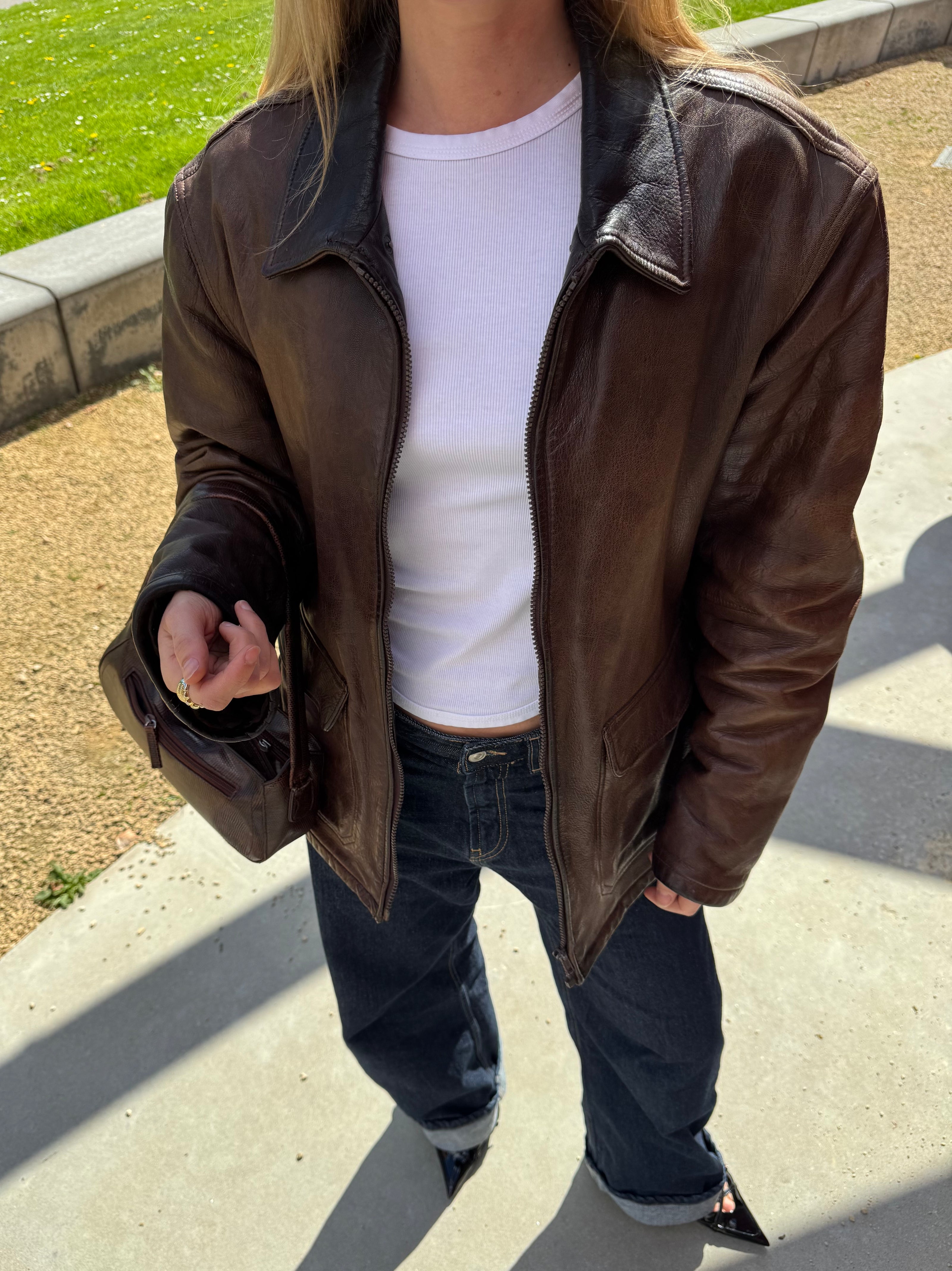 Dark Brown Rustic Faded Oversized Leather Jacket