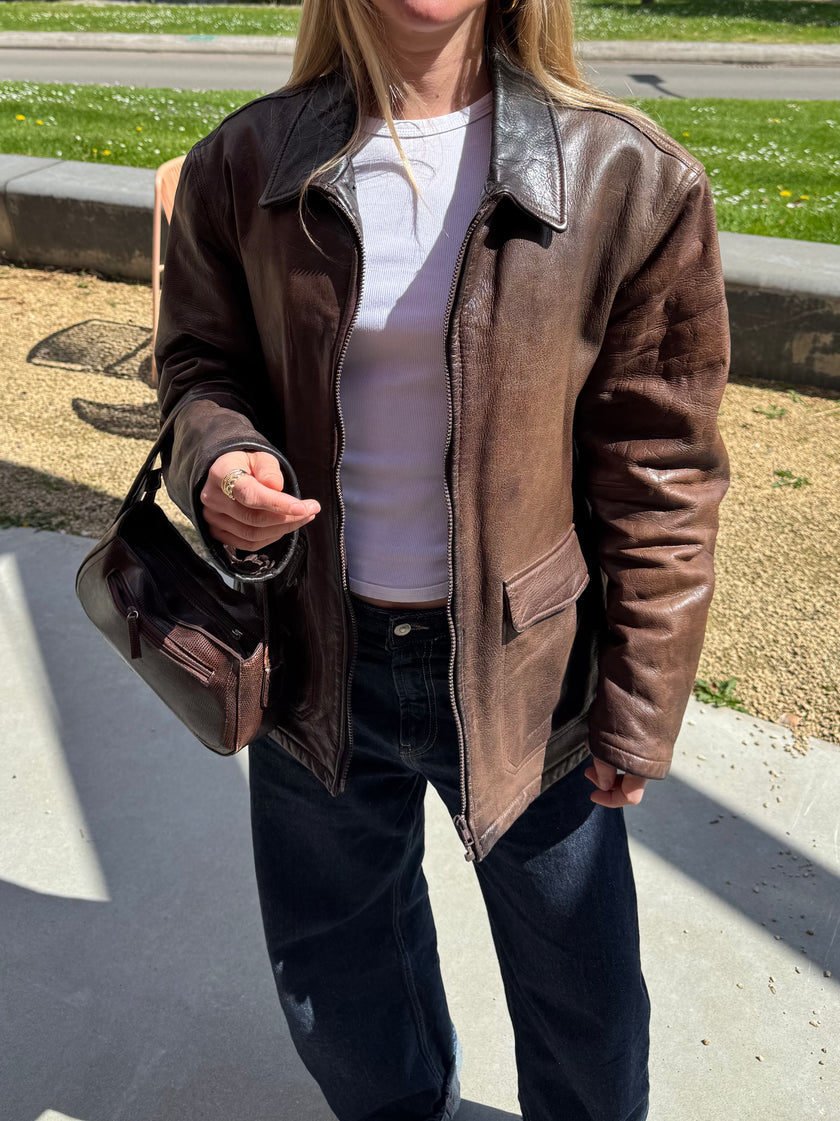 Dark Brown Rustic Faded Oversized Leather Jacket