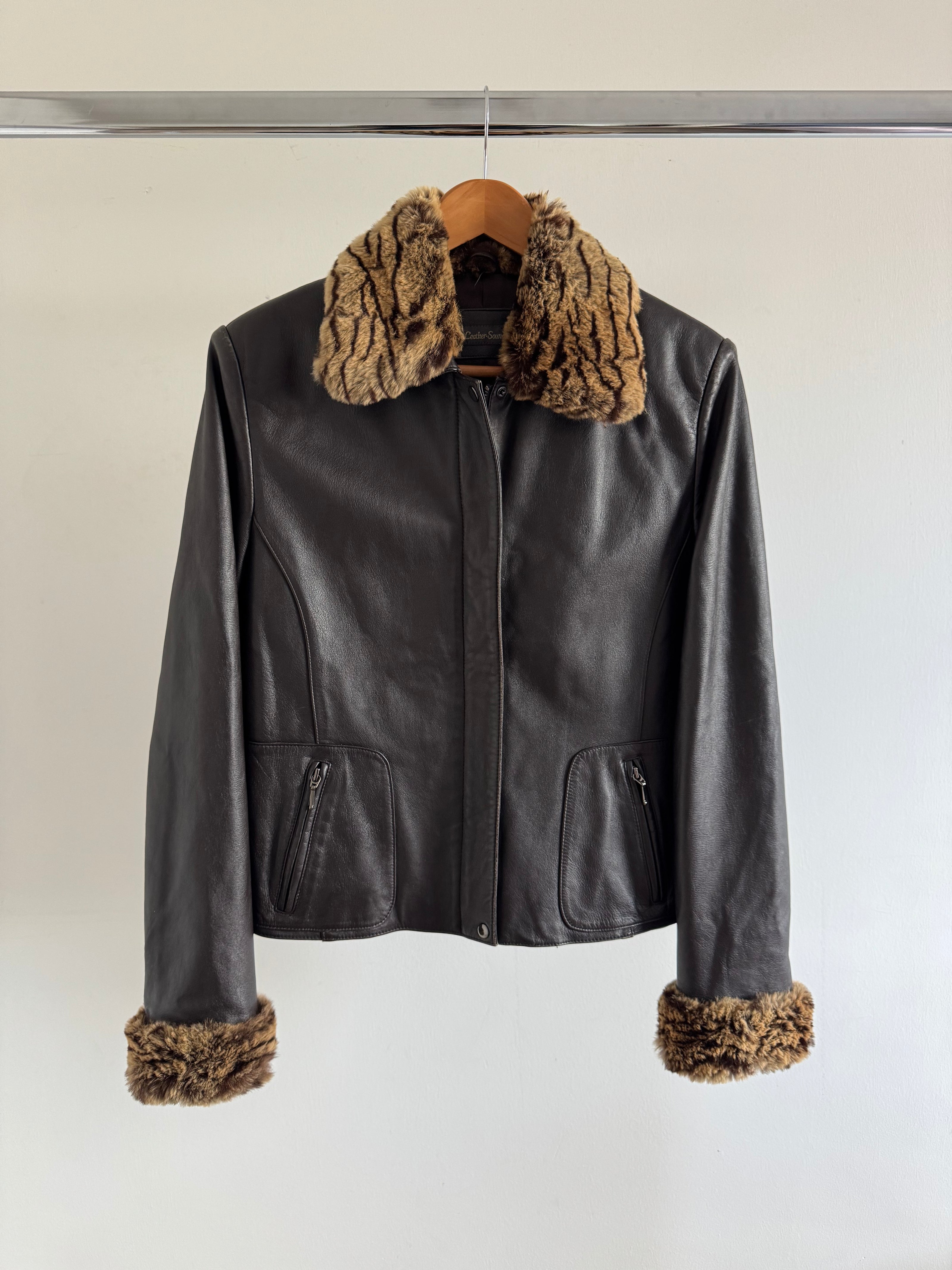 Black Leather Jacket with Leopard Trim