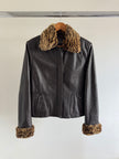 Black Leather Jacket with Leopard Trim